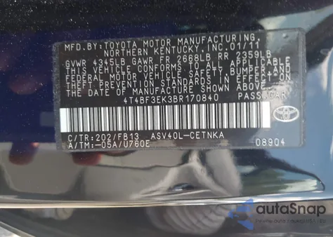 2011 Toyota Camry Le from USA, damaged, VIN 4T4BF3EK3BR170840